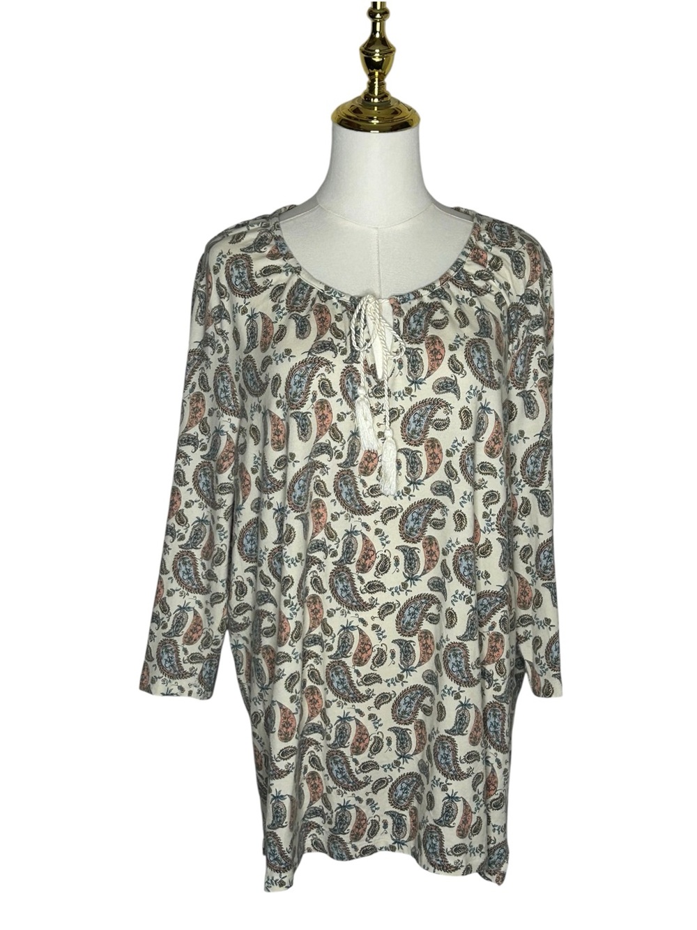 Belle by Kim Gravel Boho Cream Paisley Tie-Neck Tunic Top Sz 1X Peasant EUC